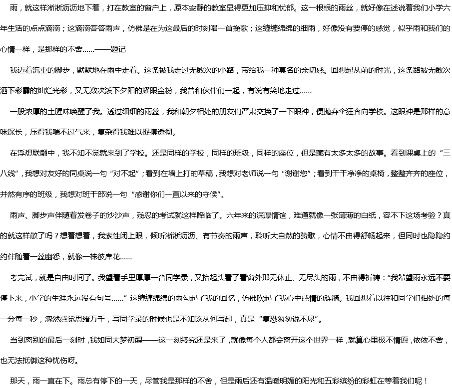 2020年中考滿分作文參考范文：那天，雨一直下